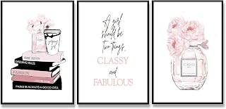 3Pcs Pink Perfume Poster Wall Art Fashion Woman Pink Powder room Painting Picture Wall Decor Elegant and Outstanding Beautiful Girl Book Flowers Perfume for Girls Bedroom Dormitory Room Home Decoration