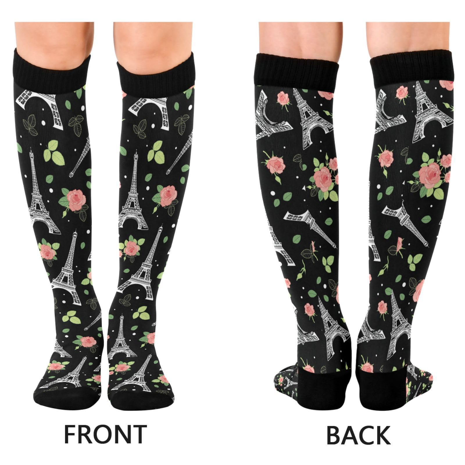Ksajwzf Compression Socks for Men and Women Eiffel Tower Paris Flower Knee High Socks Support France Paris Theme for Athletic Sport Running Hiking Fitness