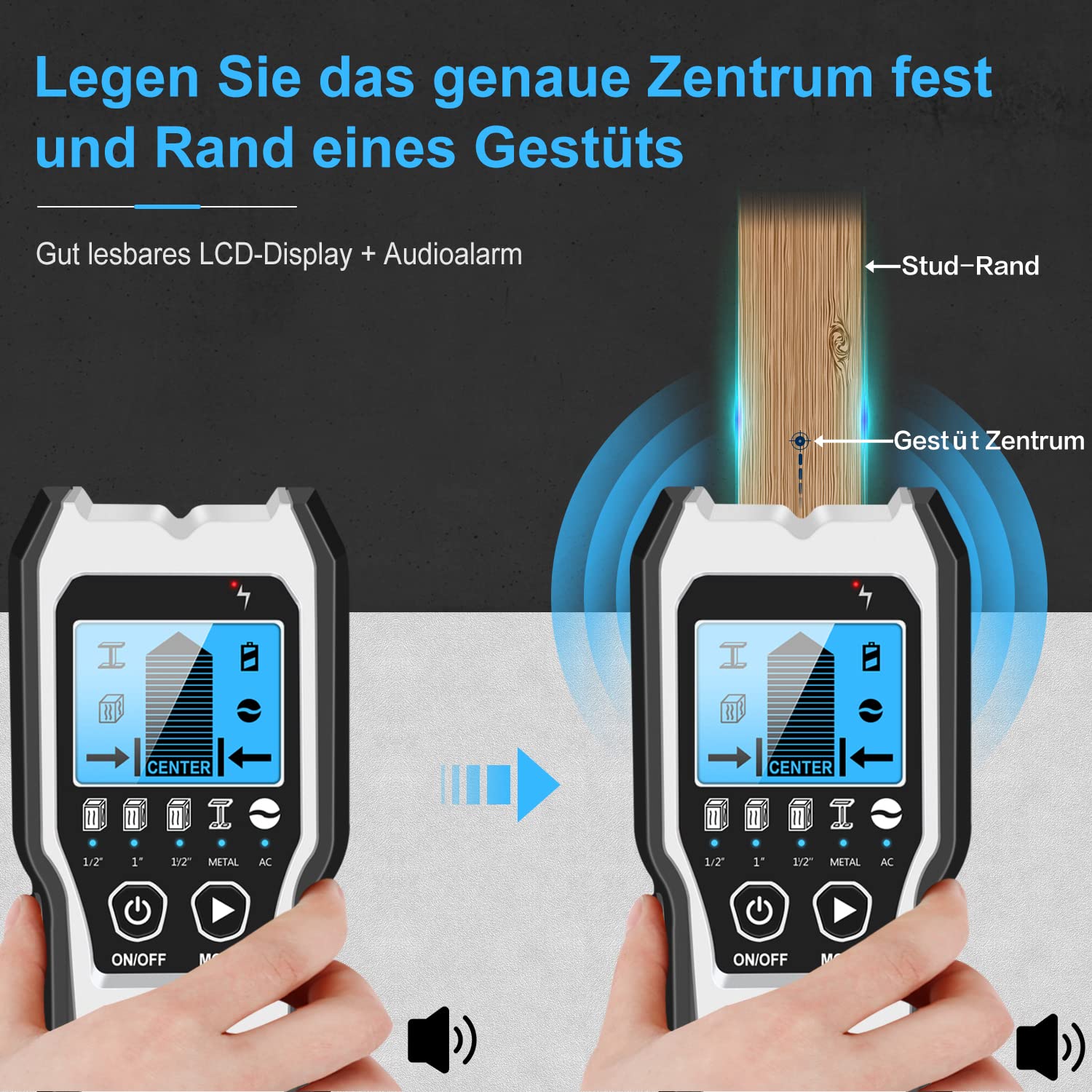 FOLAI Leitungssucher Ortungsgerät 5 in 1，verbesserter elektronischer Wandscanner mit HD-LCD-Display und Audioalarm zur Erkennung von Holz, Metall und Wechselstromkabeln, (blau)