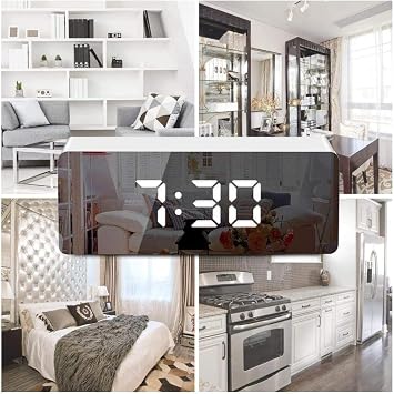Digital LED Mirror Alarm Clock with Temperature, Calendar, Voice Control Night Mode, Date Display for Bedroom - Adjustable Brightness, Snooze (White)