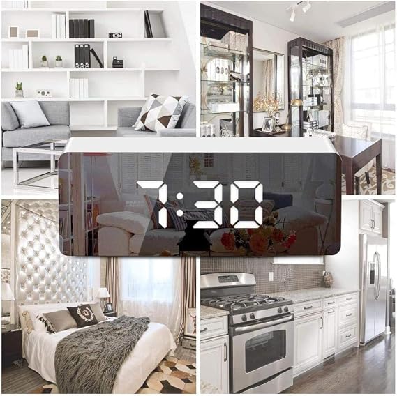 Digital LED Mirror Alarm Clock with Temperature, Calendar, Voice Control Night Mode, Date Display for Bedroom - Adjustable Brightness, Snooze (White)