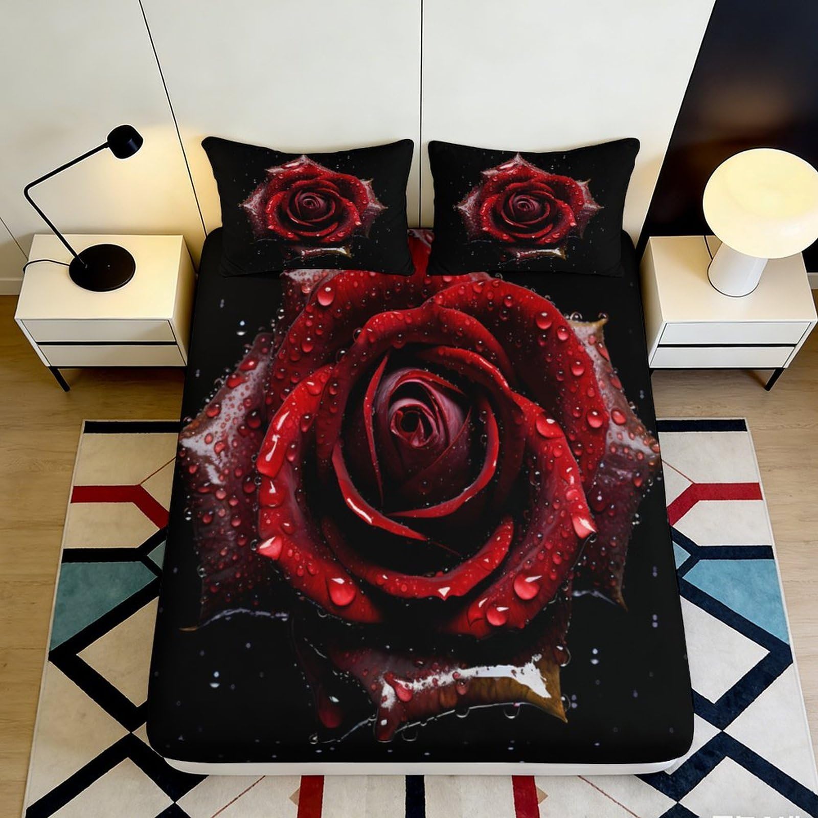 3D Printed Red Rose Fitted Sheet Microfiber Soft Breathable Romantic Flower Bed Sheet for Bedroom Guest Room Decor 90x200x25cm