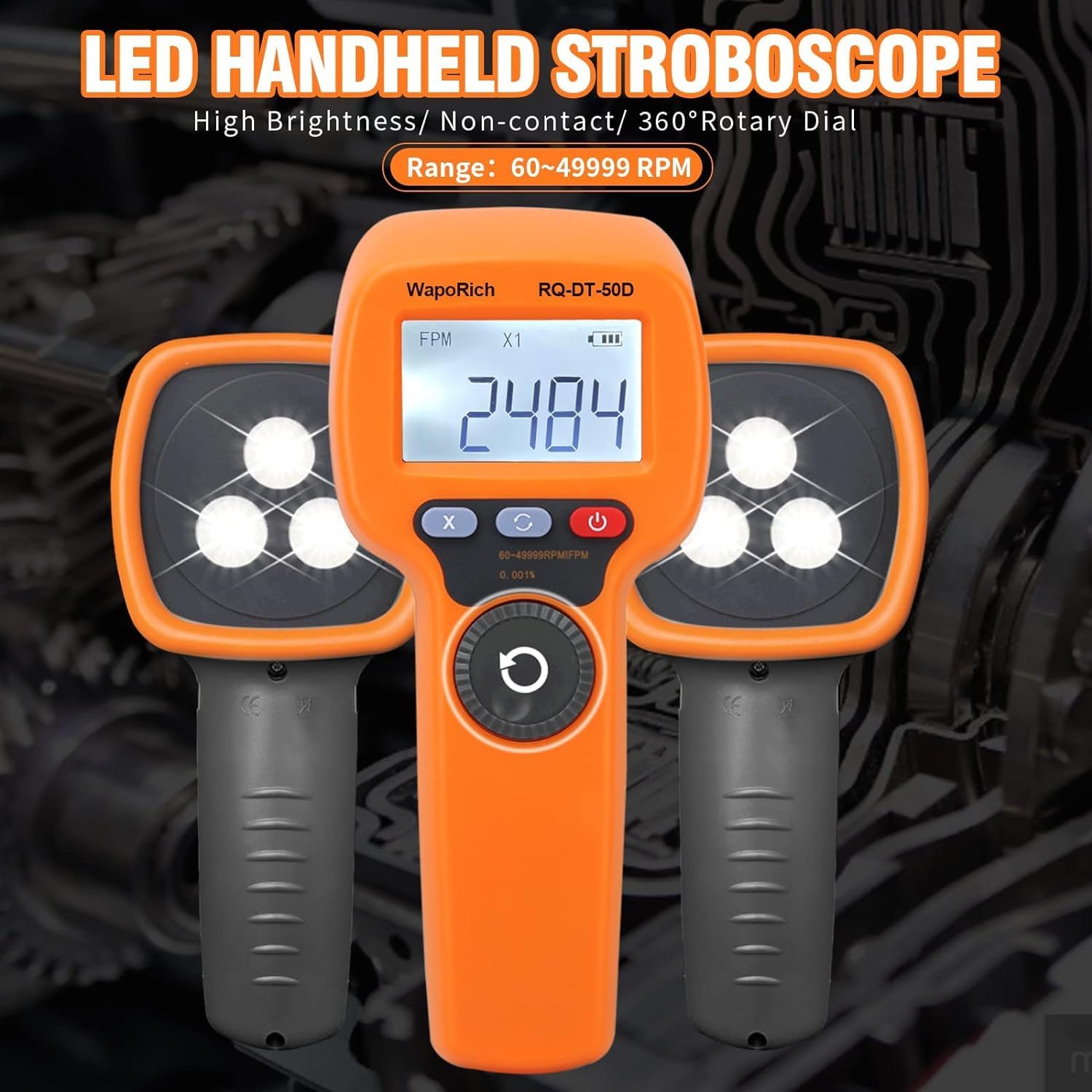 DT-50D stroboscope numérique à main sans contact 60-49999 tr/min LED haute précision rechargeable écran LCD pour machines à imprimer et filer Orange