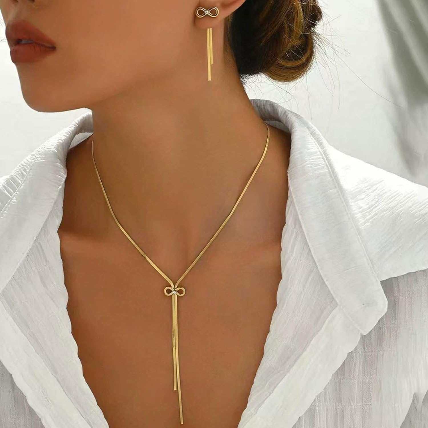 Gold Bow Necklace Earrings Set for Women Long Bow Ribbon Set Long Bowknot Tassel Earrings Gold Snake Chain Necklace Christmas Jewelry Gifts - Image 3