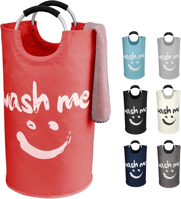 IHOMAGIC 91L Freestanding Laundry Hamper Smile Face Storage Bag Durable Oxford Fabric Clothes Basket Folding Washing Bin with Aluminum Handles, Waterproof Washing Basket for Bedroom College Dorm (Red)