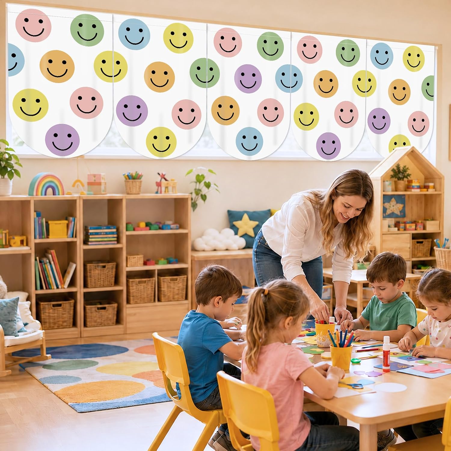 Wiooffen 8Pcs School Classroom Curtains Pastel Smile Face Curtain Back to School Classroom Decoration Smile Face Valance Curtains for Window Kindergarten Daycare Primary Bedroom Playroom Room Decor