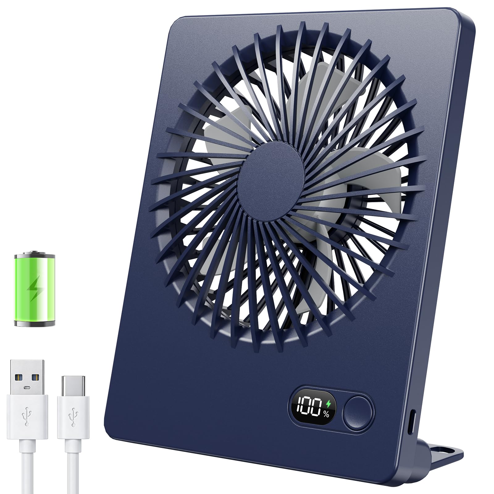 TriPole 2000mAh Rechargeable Desk Fan with Smart LED Display, Portable Table fan 3 Speeds 5-16H Runtime Silent Mini Fans 180° Adjustable Handheld Fan for Office, Bedroom, Home, Travel, Camping Blue