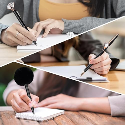 Miniatura 3 de WEMATE - Juego de 8 bolígrafos de metal con cristales y diamantes, con purpurina para diario, brillo negro en tinta negra y azul, elegantes, para