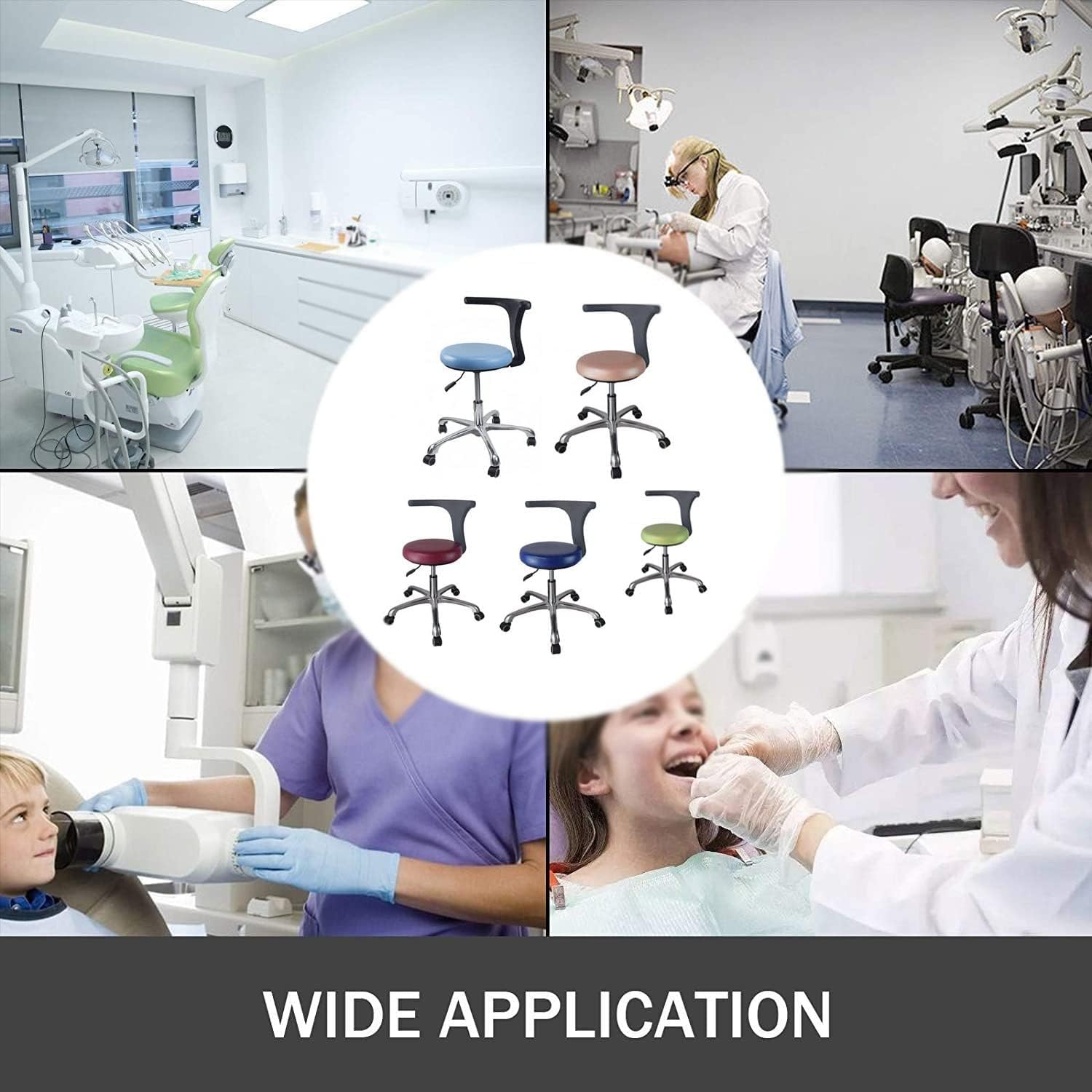 Sgabello regolabile per assistente dentale con rotazione a 360 gradi e schienale per il comfort in ambienti dentali e saloni