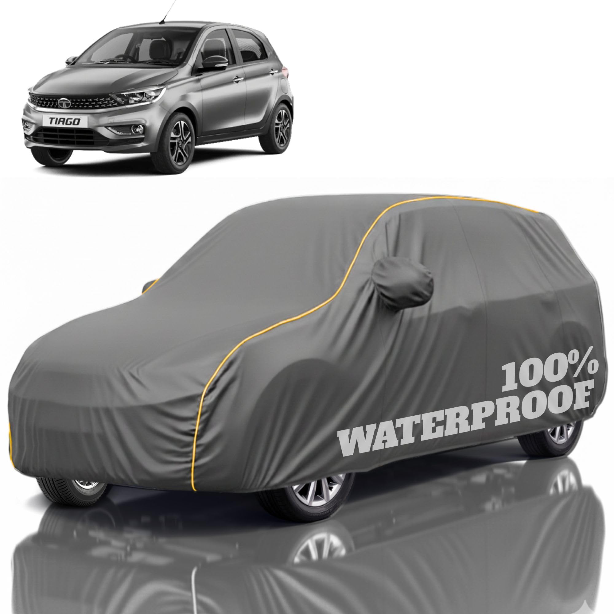Premium Polyester Car Cover Tiago All-Weather Protection from Rain, Dust &amp; Sun | UV Resistant Fabric | Full Body Secure Fit for Outdoor &amp; Indoor Parking Grey