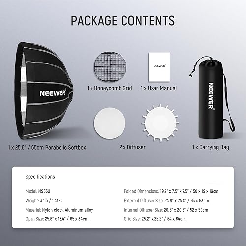Miniatura 8 de NEEWER 25.6"65cm Softbox parabólico hexadecágono, instalación rápidaplegable como paraguas con montaje Bowens, plato de belleza de