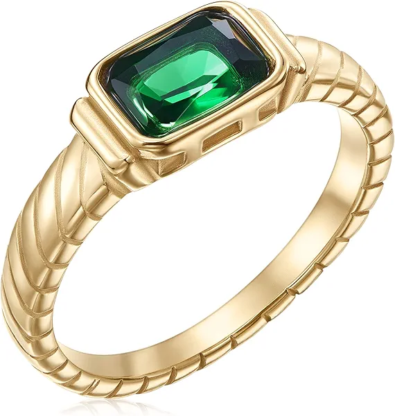 PALBOA Gold Emerald Rings Gold Rings for Women Dainty Green Rings Cut Emerald Gemstones CZ Non Tarnish Gold Rings 14K Gold Plated Rings for Women Band Size 6/7/8/9