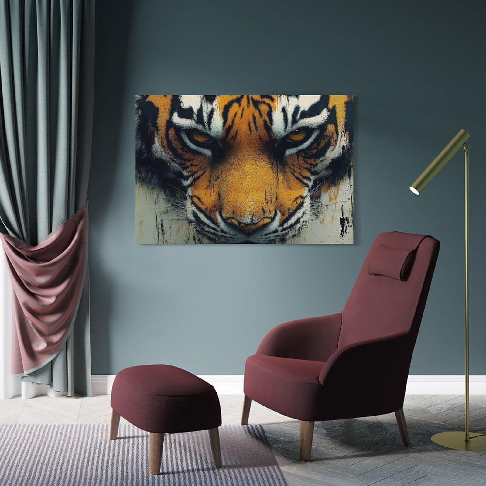 Wall Picture Print Intense Tiger Face Close-Up, 24x36inch(60x90cm), for Entryway, Lounge Links Or Small Walls, Home Artwork for First Impressions