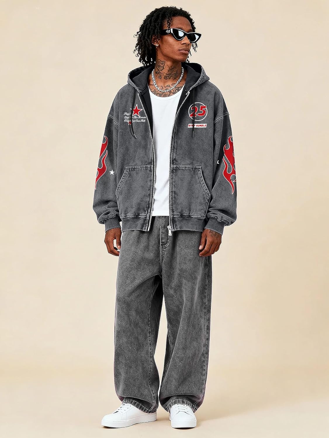 Verdusa Men's Washed Graphic Hoodies Grunge Vintage Lightweight Hip Hop Zip Up Sweatshirt - Image 5