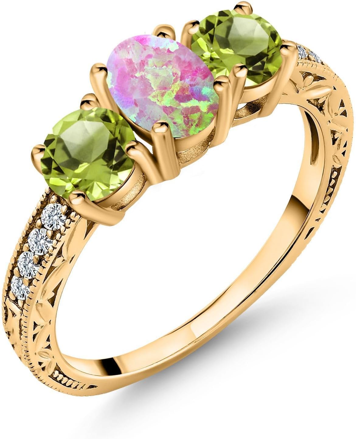Gem Stone King 1.85 Ct Oval Cabochon Pink Simulated Opal Green Peridot 18K Yellow Gold Plated Silver Ring
