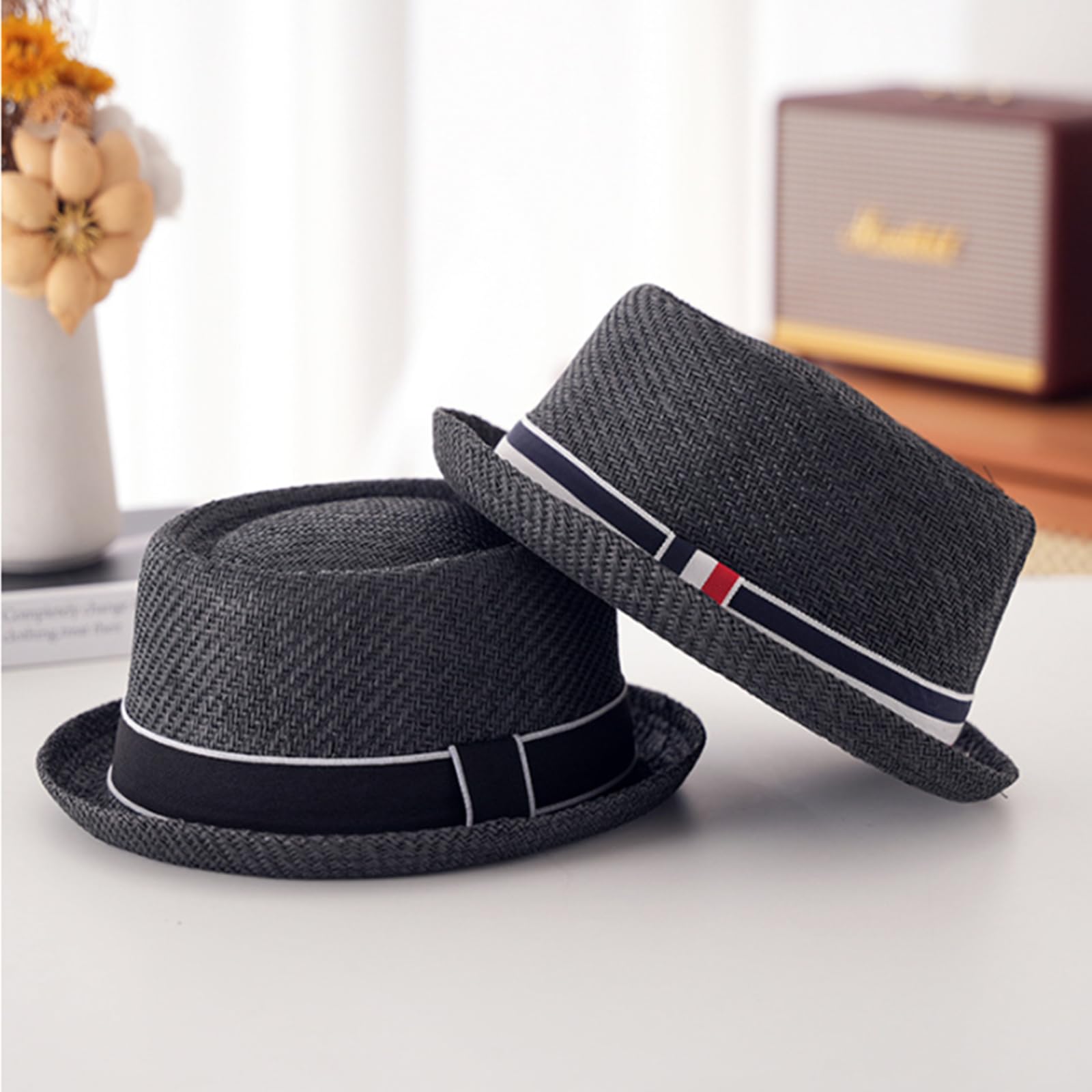 HEYANN Pork Pie, cappello di paglia da uomo Pork Pie Fedora, 58 cm, cappello estivo per uomini e donne, Bowler Flat Top parasole classico