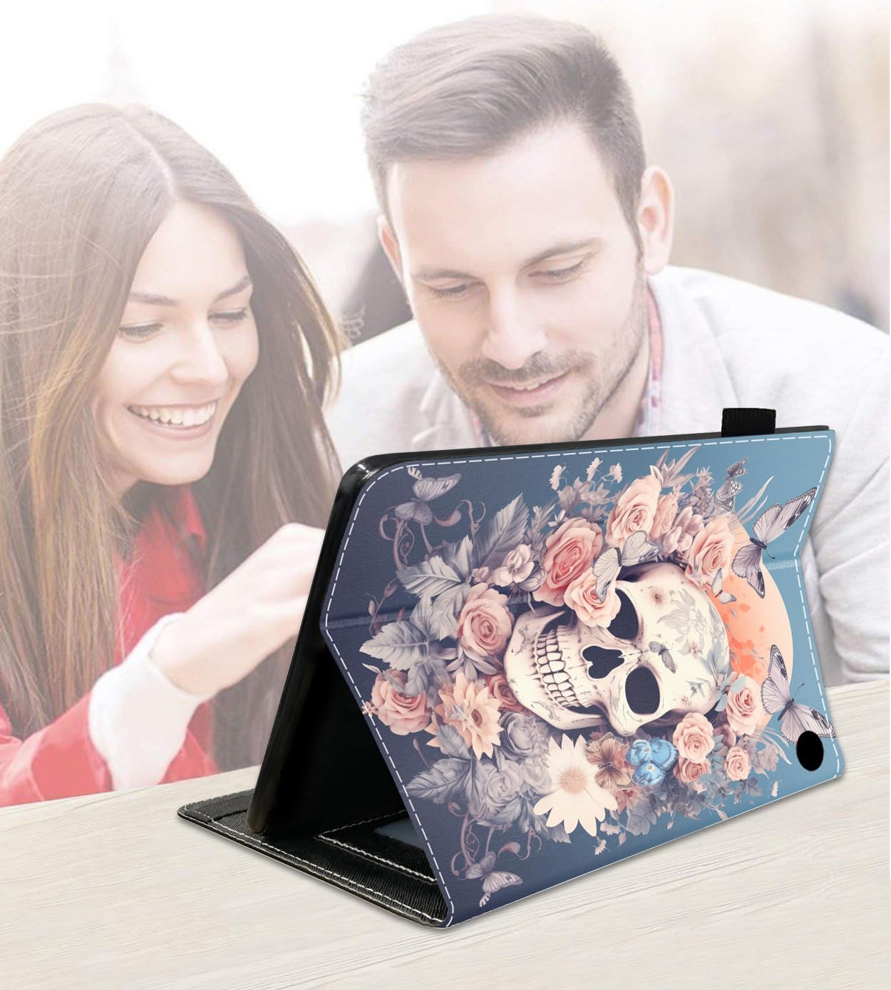 Case for All-New Amazon Fire HD 10/HD 10 Plus Tablet 10.1" (13th/11th Generation, 2023/2021 Release), Slim PU Leather Cover with Card Slot & Auto Wake/Sleep, Skull Rose Butterfly
