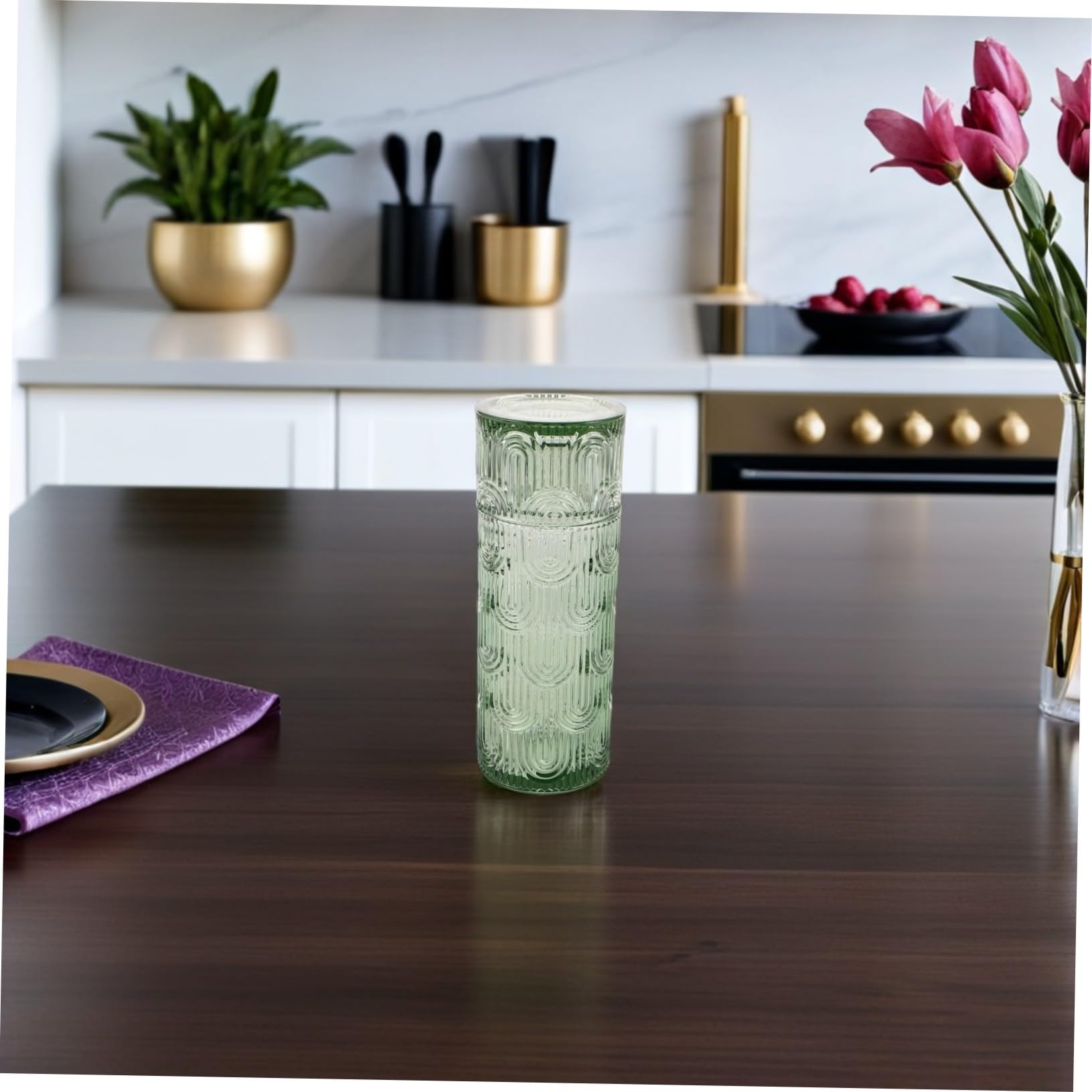 COLLBATH Embossed Glas Wasserbehälter Set mit Trinkbecher Klarer Kaltwasserbehälter und Becher Vielseitig für Saft Milch Mundspülung Kompakt für Nachttisch und Kleine Haushalte