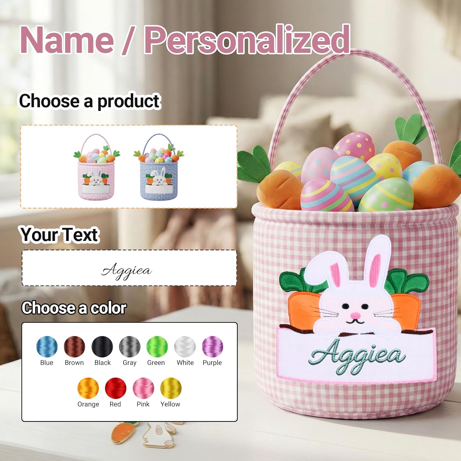 OXYEFEI Custom Easter Basket for Boys Girls Custom Embroidered Name Reusable Large Easter Basket for Kids (Blue) - Image 2