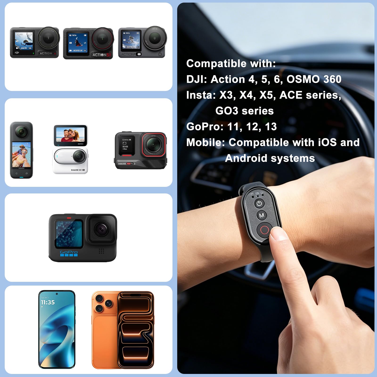 Bluetooth Fernbedienung kompatibel mit DJI Action, Insta360, GoPro 11/12/13 Actionkameras und Phone Universal, Wiederaufladbare Kabellose Fernbedienung, 50m Reichweite, 40H Akkuleistung