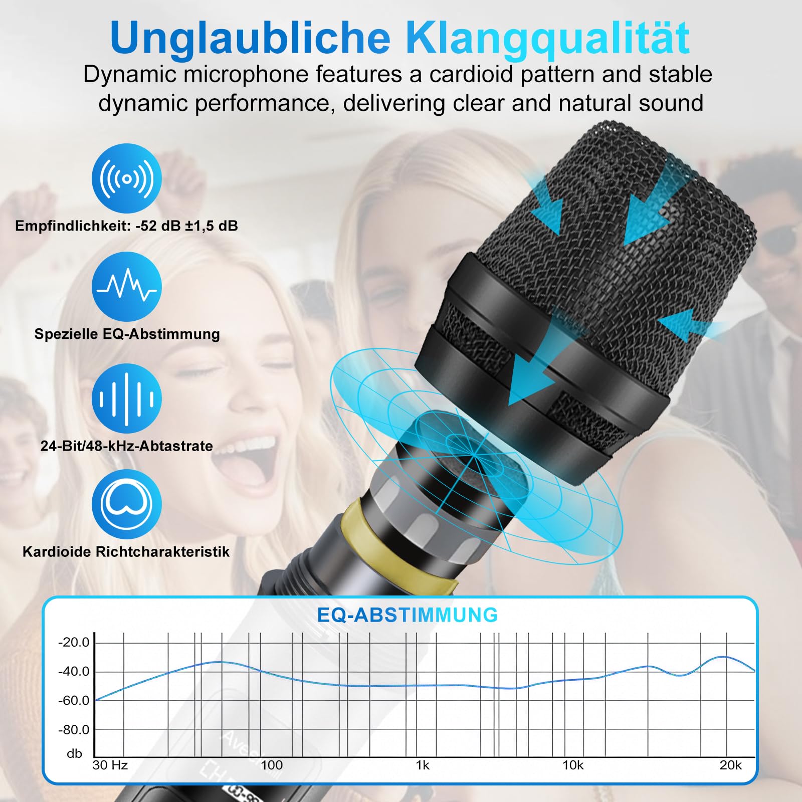 Aveek Kabelloses Mikrofonsystem mit 4er-Pack dynamischen Handmikrofonen, 79,9 m lange Reichweite, 40 Stunden Akku, Studio-Sound mit niedriger Latenz für Karaoke, Gesang, Rede, Kirche, Bühne, Hochzeit