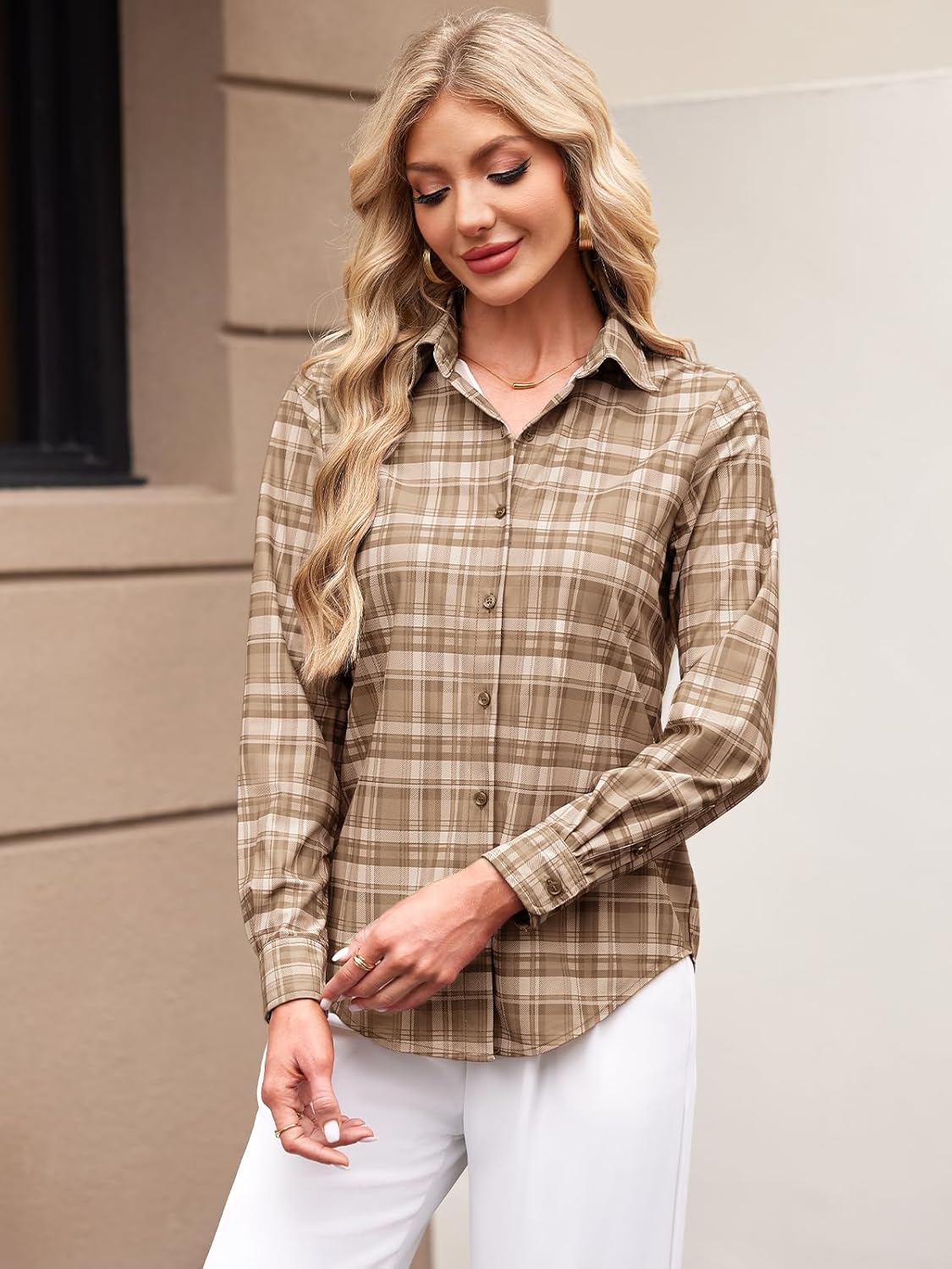 Women's Button Down Shirts Plaid Long Sleeve Dress Shirt Collared Fitted Blouses Wrinkle Free Casual Office Work Tops - Image 4