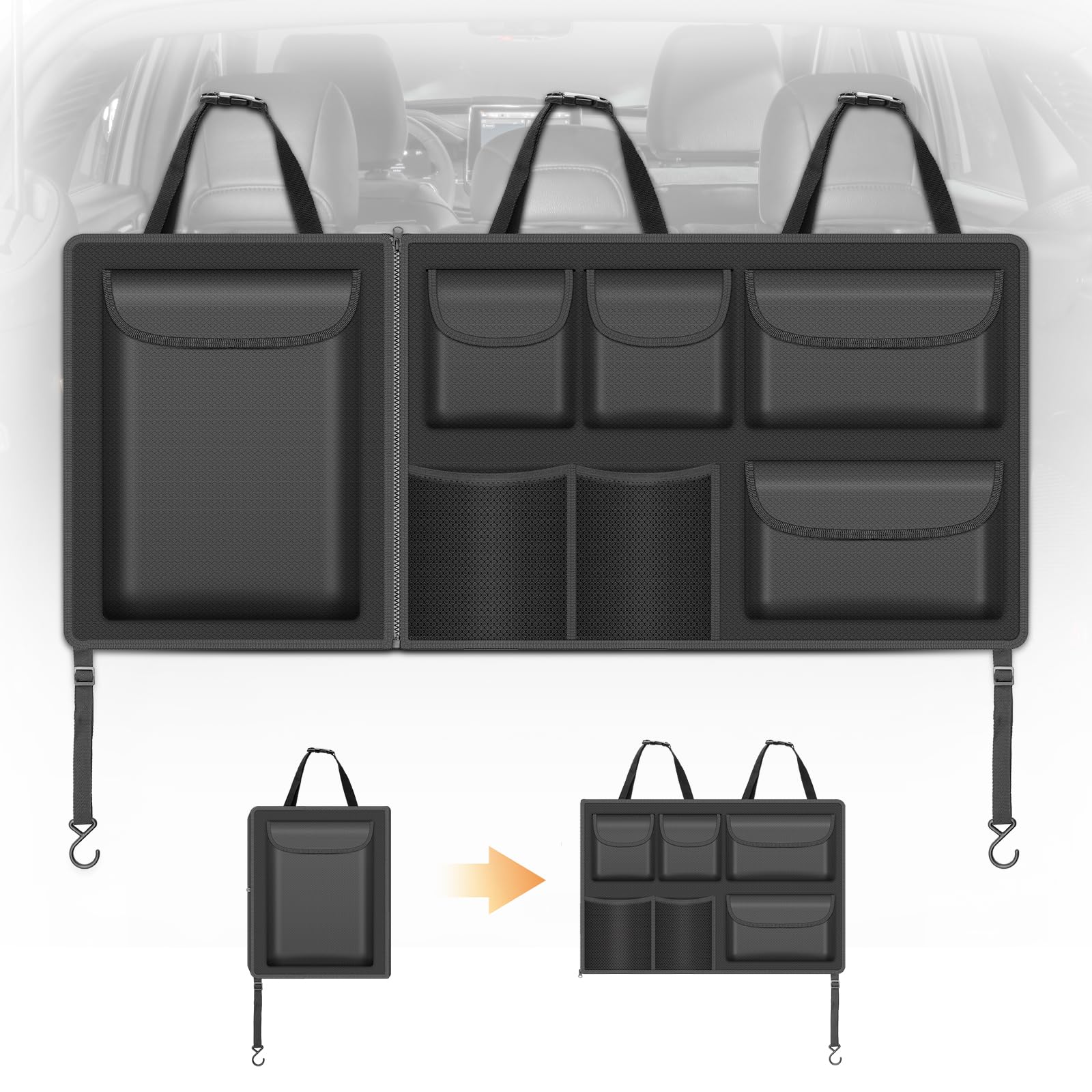 Automiim Detachable Hanging Trunk Organizer, Foldable Car Trunks Organizer Back Seat Hangings with 7 Large Compartments, Hanging Trunk Organizer for SUVs, Jeeps, Hatchbacks