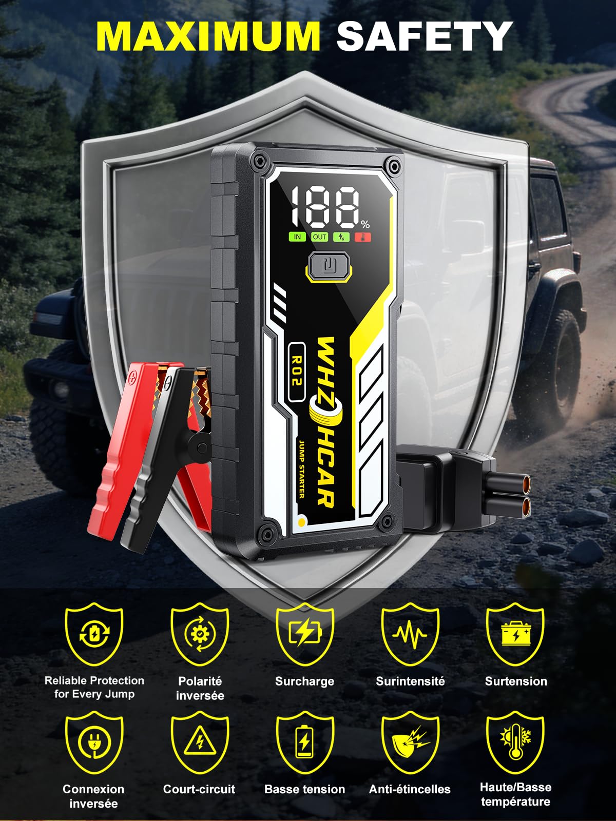 Booster Batterie Voiture 8000A Démarreur Batterie Portable（Jusqu'à Tous GAS/10L Diesel） Jump Starter 12V avec Pinces de Sûreté Intelligentes,LED，Grand Ecran d'affiche
