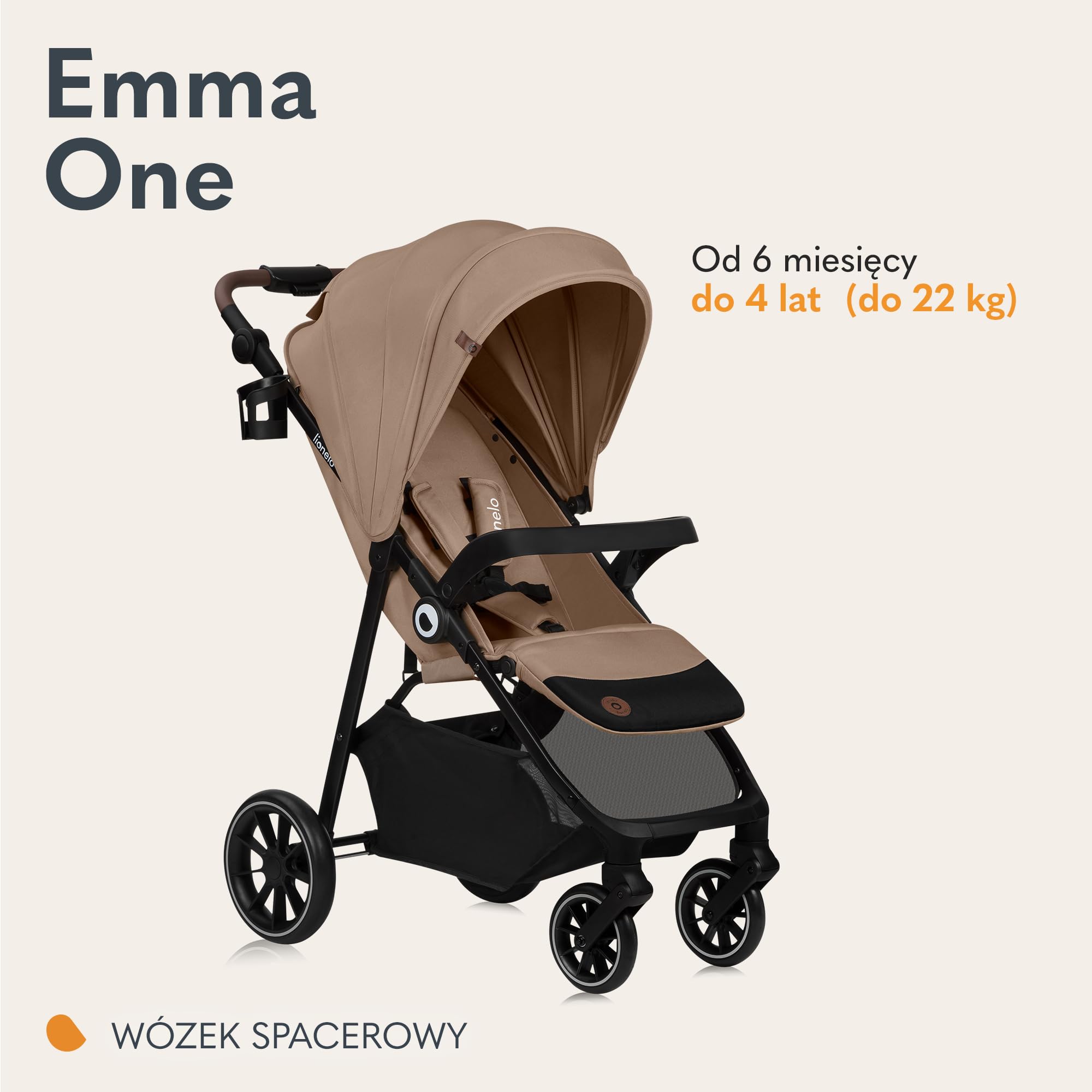 LIONELO EMMA ONE Spacerowy Wózek Dziecięcy do 22 kg od 6 m do 4 lat Obrotowe Koła 360° Pełna Amortyzacja Składany Jedną Ręką Regulacja Oparcia i Podnóżka Daszek XXL UPF50+ | Obrotowe kółka o 360°, pełne zawieszenie, składane jedną ręką, regulowane oparcie