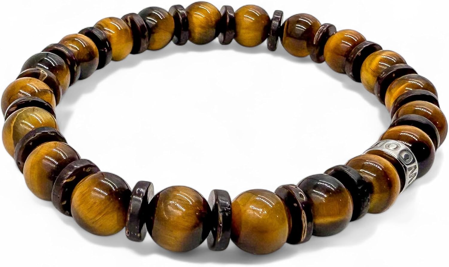 Everwood Rugged Gemstone Beaded Bracelet for Men - Wood Beads with Silver Stainless Steel Spacer - Handmade Stretch Bracelet Gift for Him - Handcrafted Original