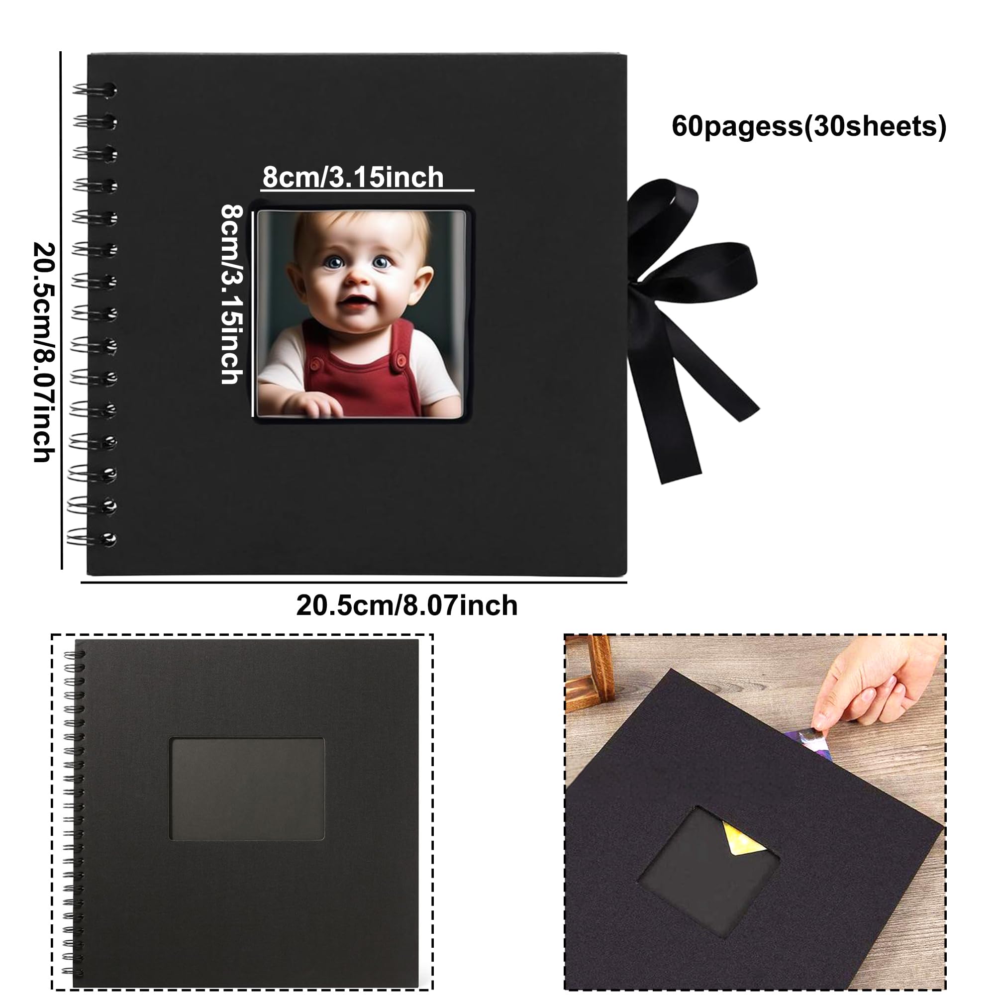 Kleines Fotoalbum Zum Selbstgestalten – 60 Schwarze Seiten, 24x17 Cm, Mit Ringbindung Und Bandverschluss – Für Baby, Hochzeit, Reise, Scrapbooking, DIY