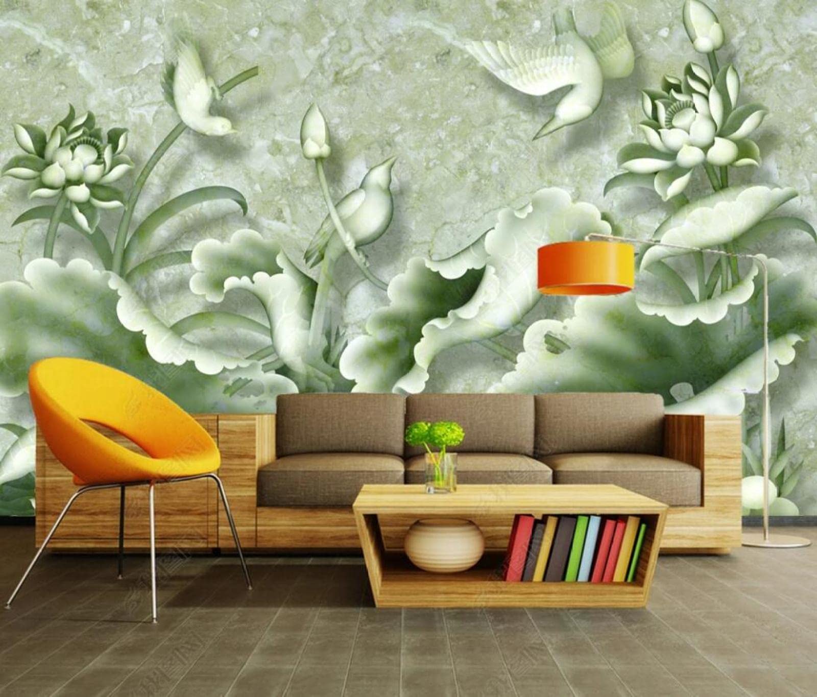 Papier Peint Auto-Adhésif 3D Feuille de Lotus Vert Wallpaper Fleur Photo Mural pour Salon Chambre Restaurant Background Wall Moderne Tableaux Muraux Décoration 150 x 105 cm