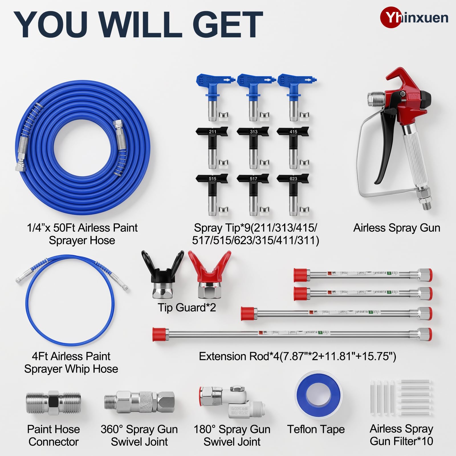 32 pièces Airless Paint Gun Kit, avec 3600 PSI Paint Gun, Tuyau Haute Pression, Buses de pulvérisation réversibles, Tige d'extension, filtres, siège de buse, etc.