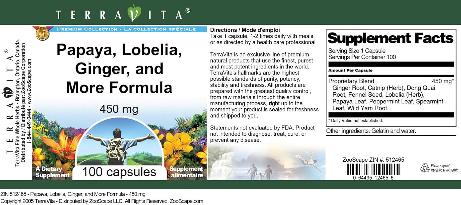 Papaya, Lobelia, Ginger, and More Formula - 450 mg (100 Capsules, ZIN: 512465) - 3 Pack