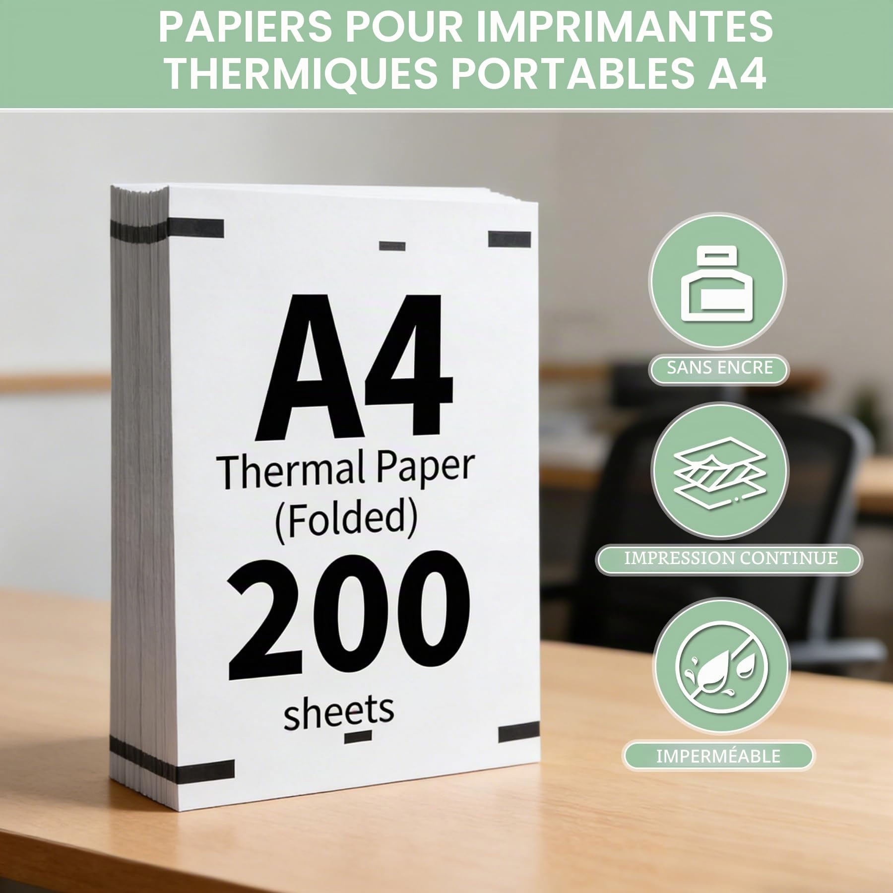 Papier Thermique A4 Pliable 200 Feuilles Sans BPA Séchage Rapide pour Imprimante Thermique