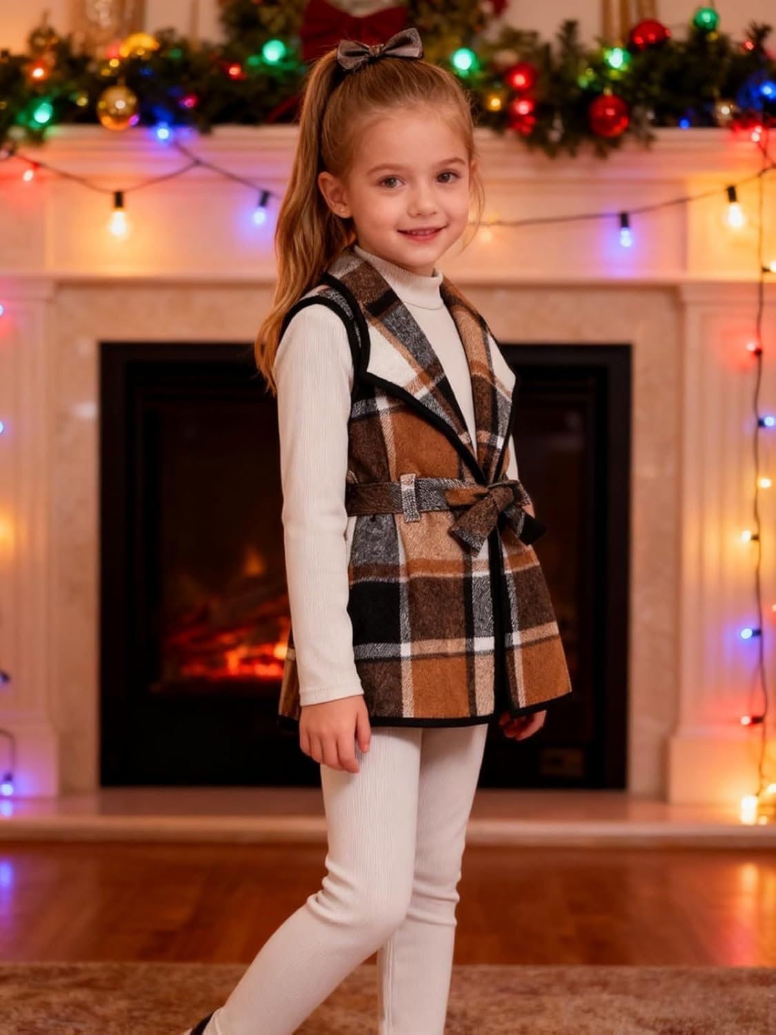 Kid Girls Clothes 3 Piece Outfits Plaid Flannel Belted Vest & Long Sleeve Top and Pants- Fall Clothing Sets - Image 3