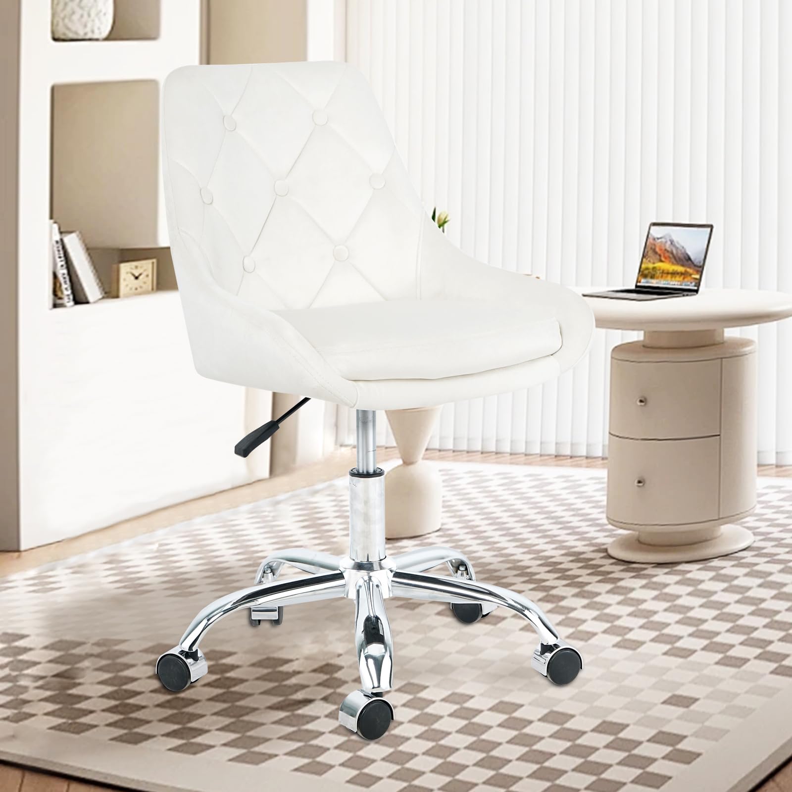 Velvet Home Office Desk Chair, Vanity Chair with Wheels, Armless Swivel Office Chair, Height Adjustable Computer Chair for Bedroom, Dressing Room, Study. (Velvet, White)