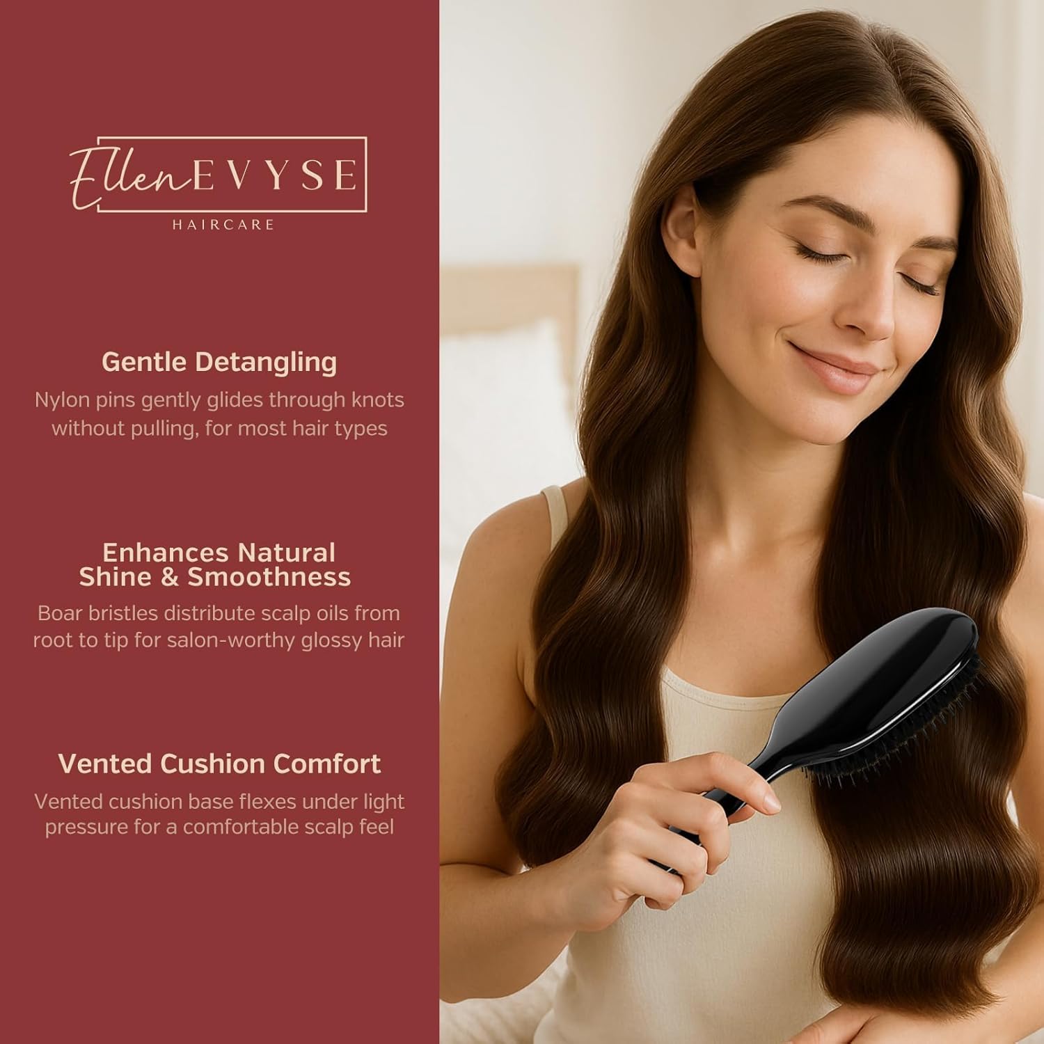 Boar Bristle Hair Brush, Nylon Pins and Soft Boar Bristles for Smoothing, Detangling, Reducing Breakage and Enhancing Shine, Hairbrush for Women,Men - Image 3