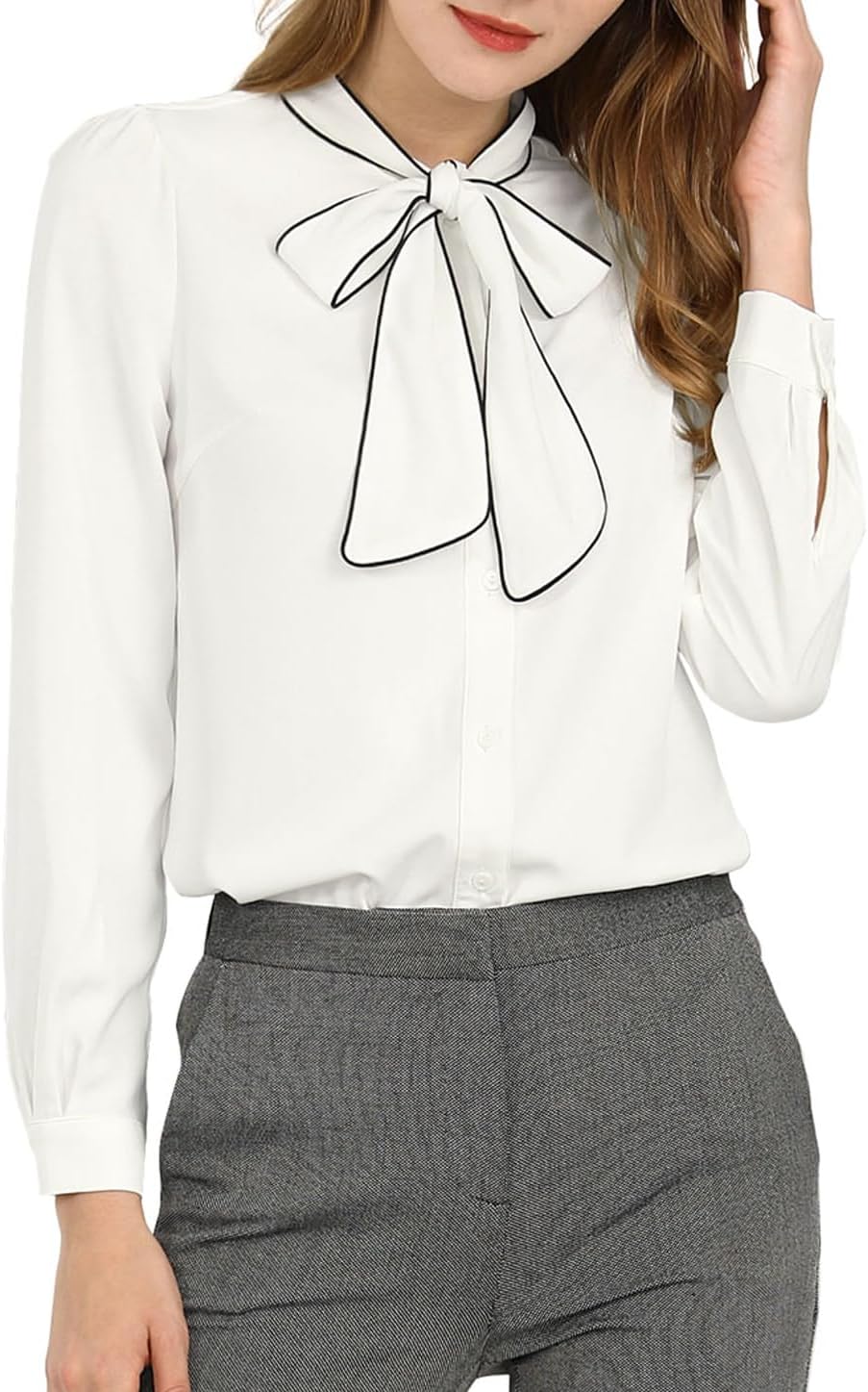 Allegra K Women's Work Blouse Tie Neck Long Sleeve Shirts Button Down Elegant Office Business Top 2025