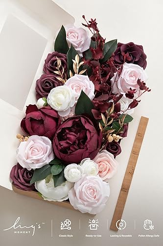 Miniatura 5 de Ling's moment Caja de flores falsas, tallos de vegetación artificiales sintéticos, rosas de espuma, peonías de seda, ranúnculo, flor fábica