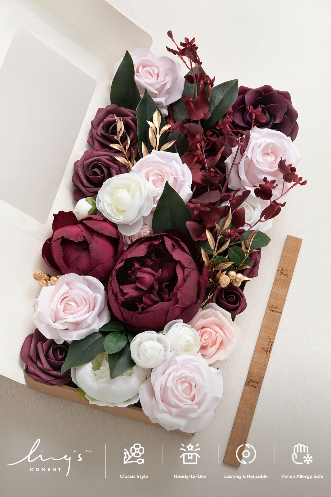 Ponatia Artificial Flowers Wedding Combo – Burgundy, Gold & Cream Silk Blooms For DIY Bouquets - View #2