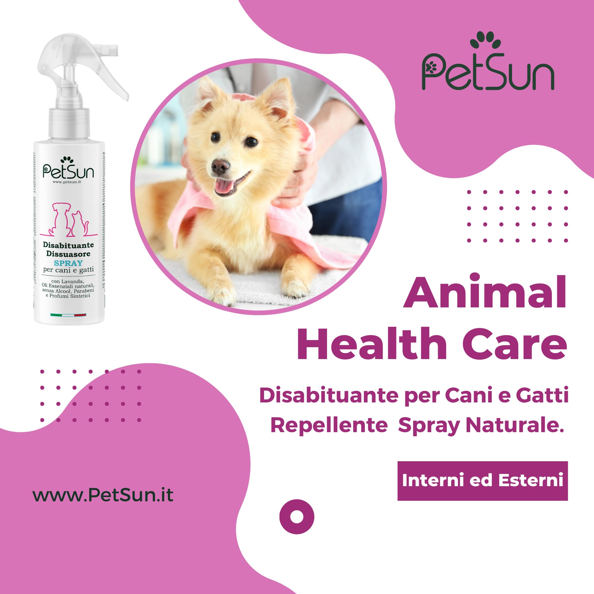 PetSun Disabituante per Cani e Gatti - Repellente - Spray Naturale - Anti Urina e Odori per Interni ed Esterni - 250 ml