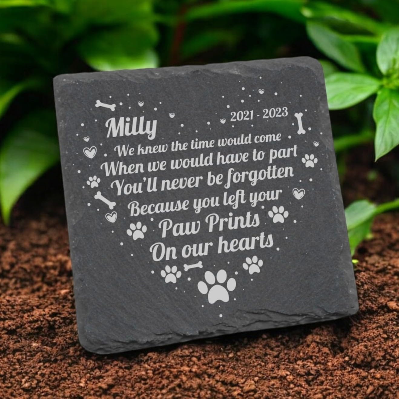 Personalised Pet Memorial Slate Plaque, Garden Grave Marker with Love Heart Shaped Wording and Paw Print Design