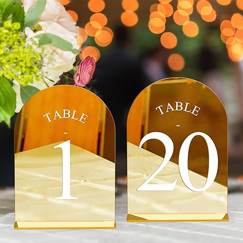 Miniatura 82 de JOYIT Números de mesa de boda de arco del 1 al 30 con soportes: letreros acrílicos impresos de doble cara de 5 x 7 pulgadas con fondo negro y texto