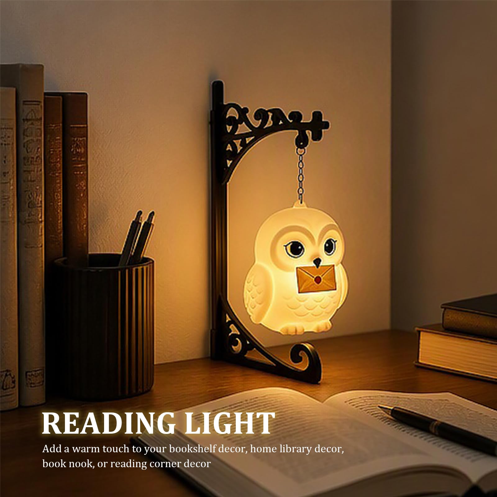 Owl Bookshelf Lantern, Vintage Book Nook Lamp with Warm LED Glow, White 3.94 Inch, 150.00x50.00x50.00mm - Image 2