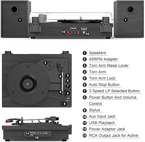 Miniatura 5 de WOCKODER Tocadiscos con altavoces estéreo duales, reproductor de discos de vinilo con soporte de 3 velocidades, conexión inalámbrica, salida RCA,