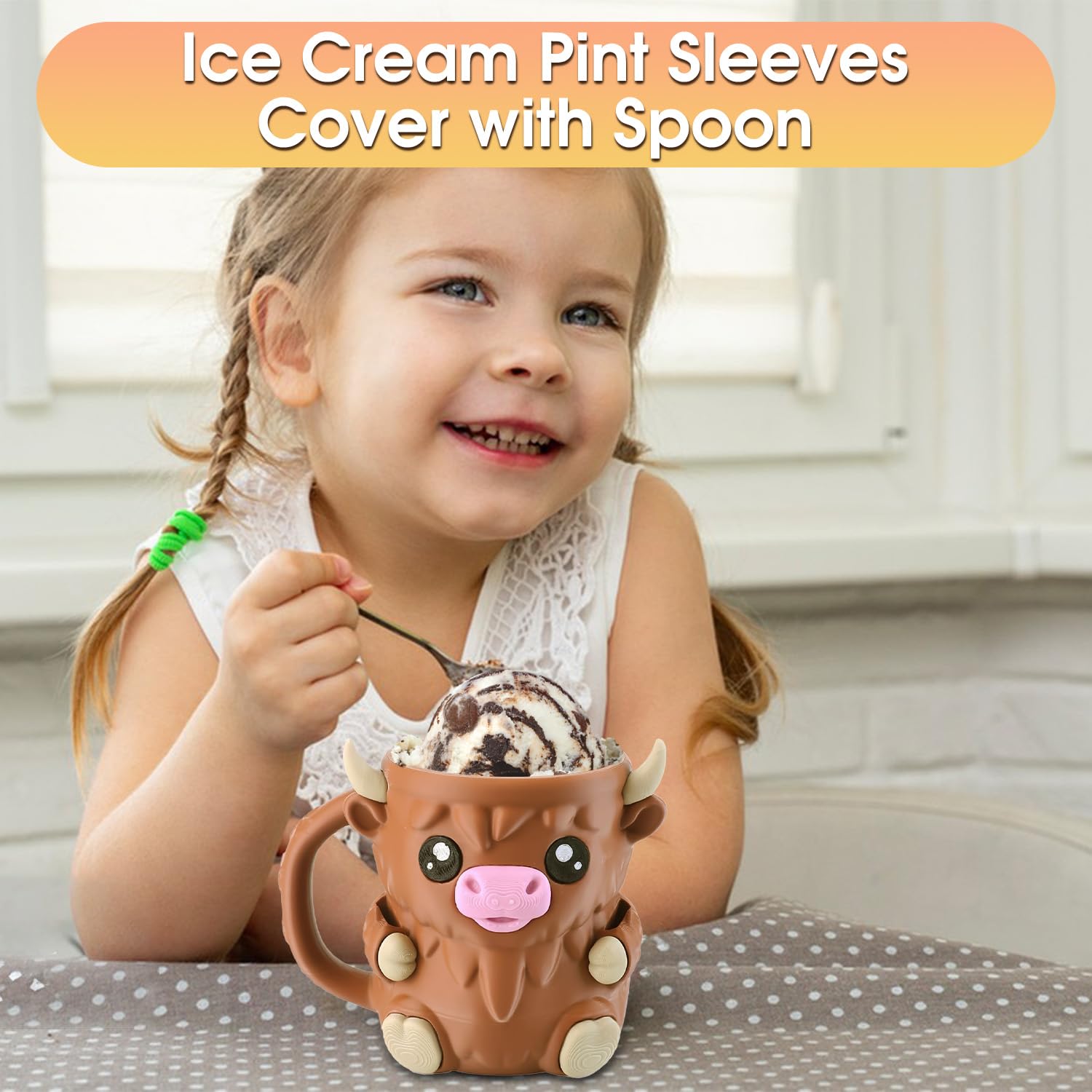 Highland Cow Ice Cream Holder with Handle and Spoon 3D Reusable Ice Cream Tub Pint Holder with Snack Drawer Cute Animal Anti-Freeze Cup Holder for Ice Cream Beer Can (Large) - Image 4