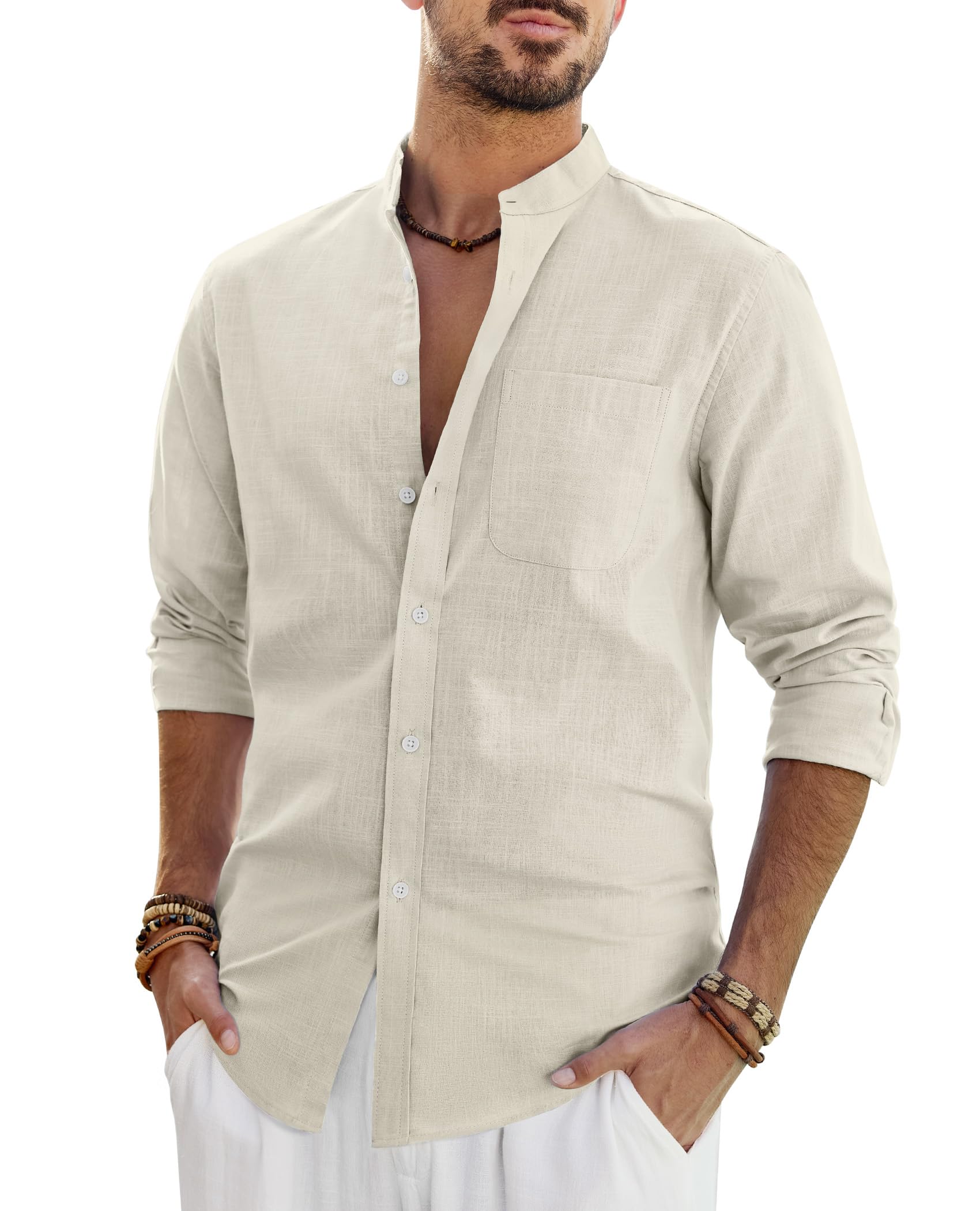 J.VER Leinenhemd Herren Hemd Langarm Stehkragen Leinenshirt Baumwolle Atmungsaktiv Regular Fit Freizeithemden Casual Sommer Strand Leinen Shirt mit Tasche