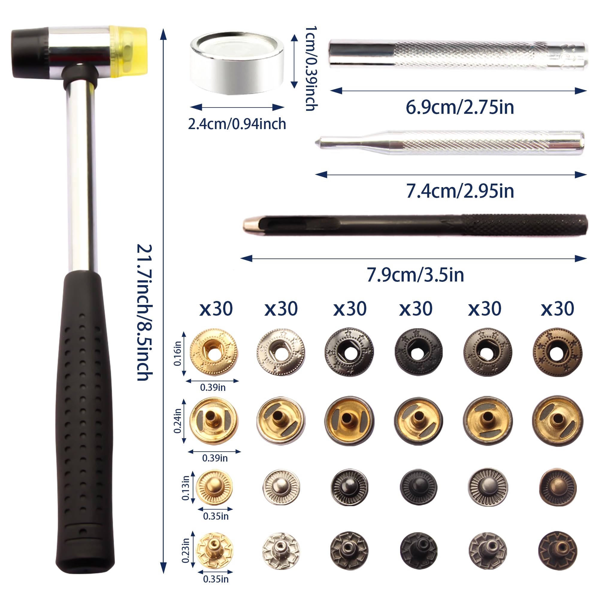 Lynda 120 juegos, kit de cierres a presión para cuero de 12 mm resistentes con 4 herramientas de ajuste. 1 martillo, broches de cuero de 4 colores para ropa, chaquetas.