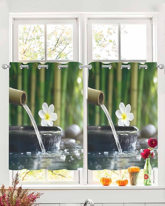 Zen Stones Water Flowing Sheer Curtains for Bedroom/Living Room, Grommet Kitchen Curtains 54 Inches Long, Floral Green Forest Semi-Sheer Curtain Drapes Voile Window Treatments